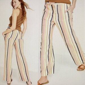 Old Navy Pull On Pants Linen Blend Drawstring Stripes Wide leg High Rise